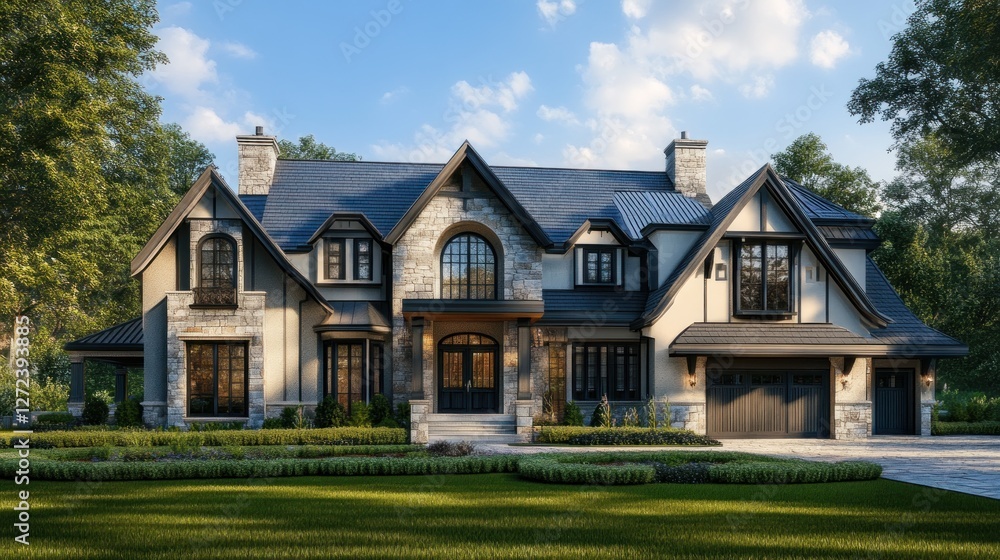 Elegant residential home featuring a mix of stone and modern architecture in a landscaped setting. Elegant residential home featuring a mix of stone and modern architecture in a landscaped setting.