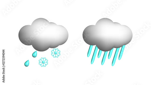 Weather 3d icons realistic isolated vector set. Light snow. sleet heavy downpours. Design weather app web site game logo banner. Meteorology concept.