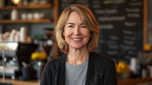 Wallpaper Mural Portrait of smiling middle aged woman, blonde hair with shoulder length bob hairstyle standing in front coffee shop counter, generative AI Torontodigital.ca