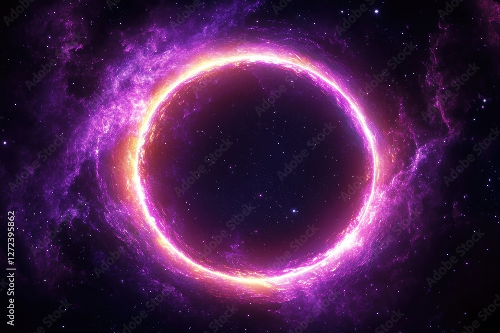 Obraz premium Neon Ring Light Cosmic Scene Surrounded by Swirling Galaxies with Purple and Vibrant Colors in Abstract Surrealism