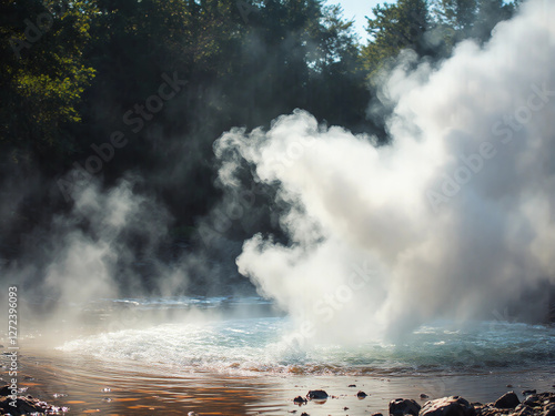 Nebeliger Fluss in einer bergigen Landschaft mit sprudelndem Wasser photo