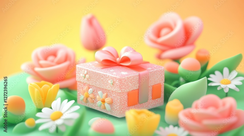 Gift box with bow surrounded by flowers for birthday or holiday celebration Gift box with bow surrounded by flowers for birthday or holiday celebration
