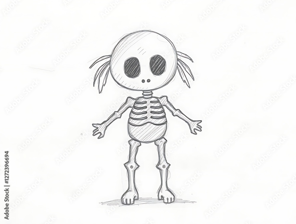 Fototapeta premium Cute Skeleton Character Sketch with Big Eyes and Tiny Limbs
