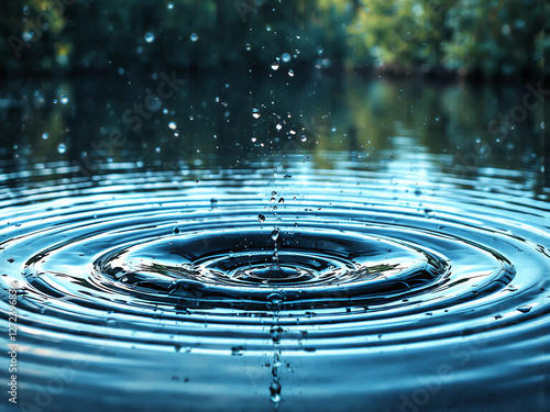 Wassertropfen erzeugt konzentrische Wellen auf ruhiger Wasseroberfläche