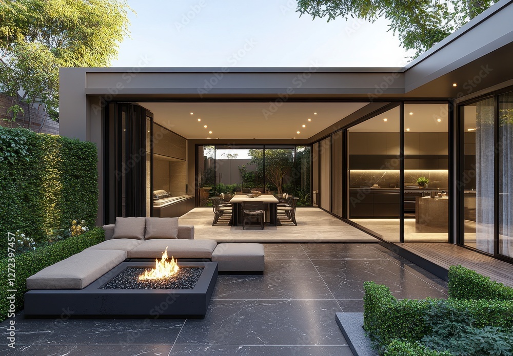 Fototapeta premium Modern Outdoor Living Space with Fire Pit and Scenic Garden View