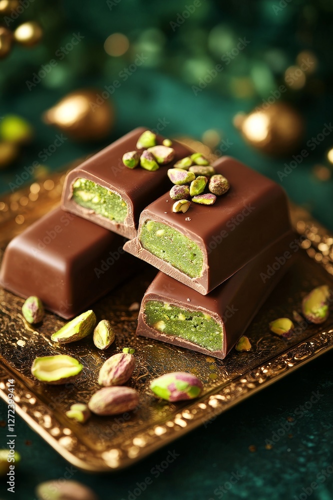 Obraz premium Dubai chocolate with pistachios on gold plate