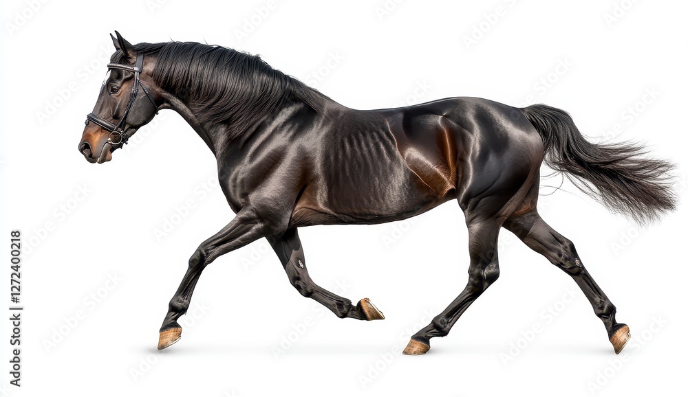 Dark Brown Horse Running Against White Background Dark Brown Horse Running Against White Background