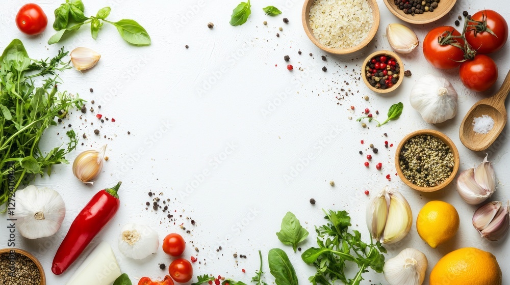 An array of vibrant herbs, spices, and vegetables is neatly arranged on a countertop, while a frying pan stands nearby, ready for culinary exploration and delightful cooking An array of vibrant herbs, spices, and vegetables is neatly arranged on a countertop, while a frying pan stands nearby, ready for culinary exploration and delightful cooking