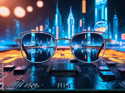 Glasses reflecting circuit board, symbolizing digital vision enhancement and advanced technology. photo