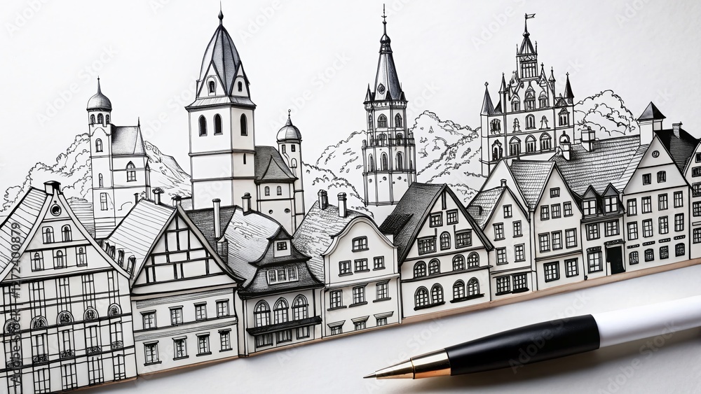 Obraz premium Mainz Old Town Germany Minimalist Line Art Sketch Travel Illustration