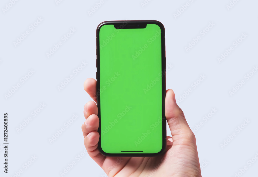 hand holding green screen smartphone on clean background.AI Artificial intelligence hand holding green screen smartphone on clean background.AI Artificial intelligence