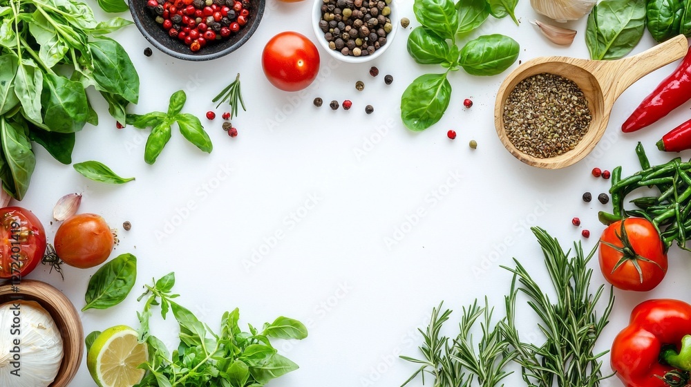 A vibrant arrangement of fresh ingredients showcases basil, tomatoes, herbs, and spices on a clean countertop, perfect for creating a delicious meal A vibrant arrangement of fresh ingredients showcases basil, tomatoes, herbs, and spices on a clean countertop, perfect for creating a delicious meal