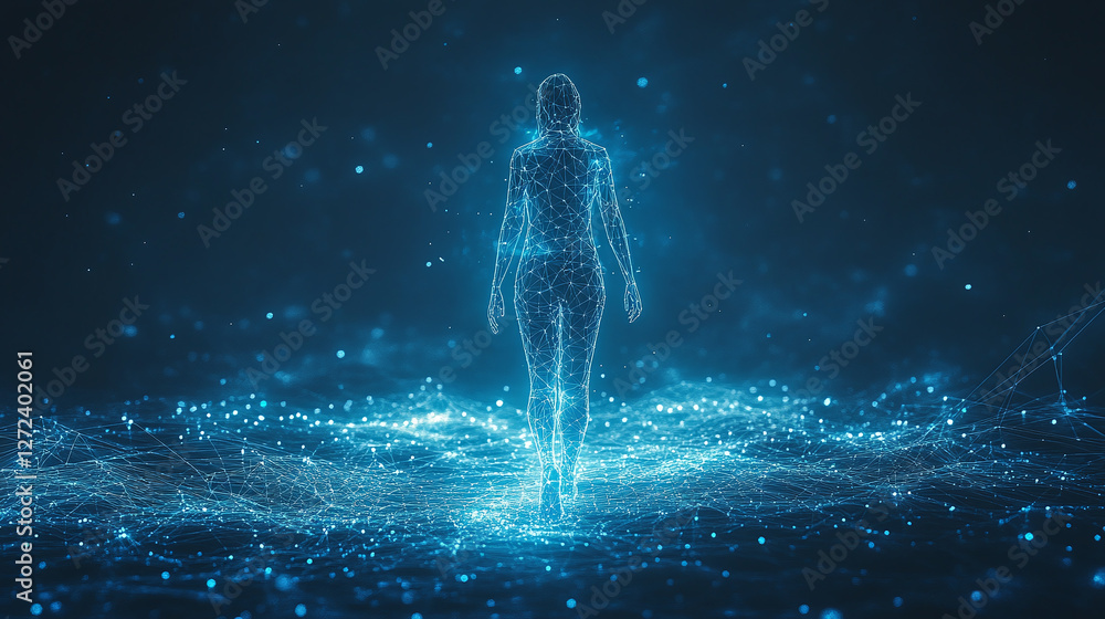 Obraz premium Glowing wireframe figure of a person walking in a digital landscape during twilight