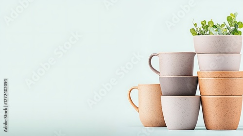 Stacked eco-friendly pots with plants against a soft pastel background, ideal for gardening themes photo