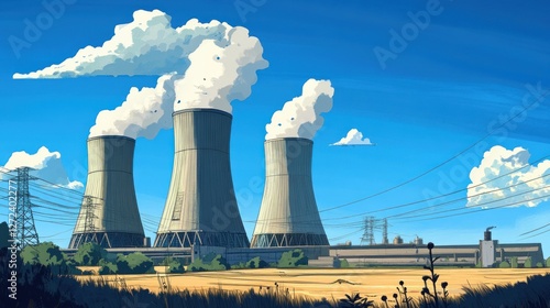 Wallpaper Mural Industrial landscape featuring cooling towers emitting steam against a blue sky. Torontodigital.ca