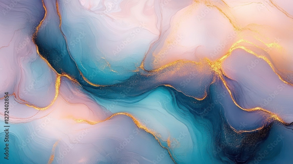 Fototapeta premium Abstract Fluid Art with Pastel Pink and Blue Swirls and Golden Accents for Elegant Modern Decor