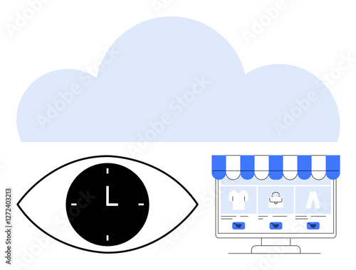 Cloud backdrop, open eye with clock, and digital storefront. Ideal for eCommerce, cloud services, online shopping, analytics, time management connectivity digital transformation. Abstract line flat