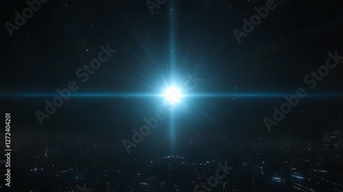 Bright Light over Futuristic Cityscape with Stars in Dark Sky Creates Dramatic Visual Impression.