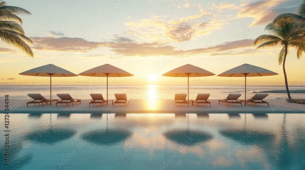 Naklejka premium Exotic beachfront villa with pristine infinity pool, elegant sun beds, cozy umbrellas, and warm sunlight. No people no text