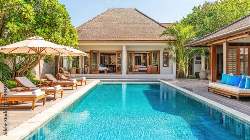 Wallpaper Mural Exotic beachfront villa with pristine infinity pool, elegant sun beds, cozy umbrellas, and warm sunlight. No people no text Torontodigital.ca