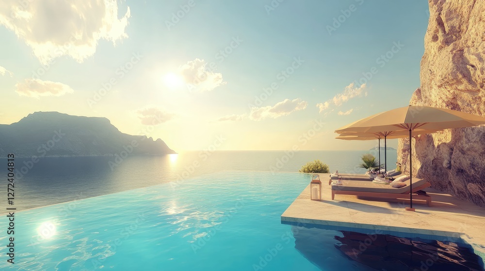 Fototapeta premium Fantastic private villa terrace with sun beds under umbrella, luxury pool hotel, stunning summer pattern, serene atmosphere, tranquil view. No people no text