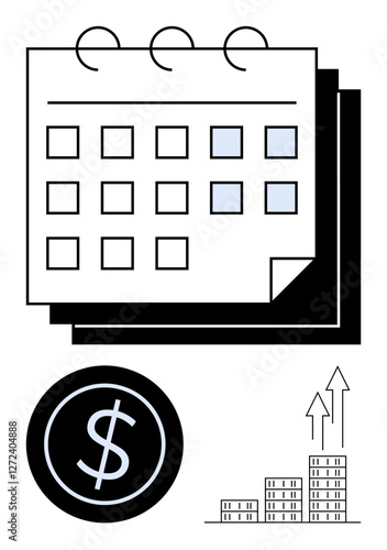 Calendar with highlighted days, dollar symbol, and stacked bar chart with arrows. Ideal for finance, planning, budgeting, investment, growth strategy, savings abstract line flat metaphor