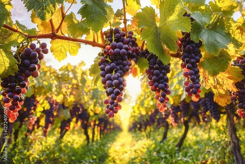 Grape Harvest in Lush Italian Vineyards Near the Alps at Golden Hour