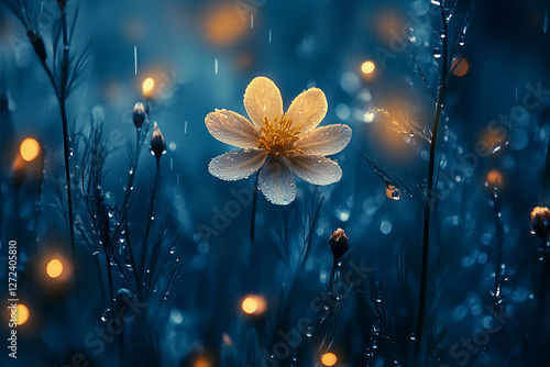 Ephemeral beauty of a solitary bloom in a rain-kissed nocturne garden