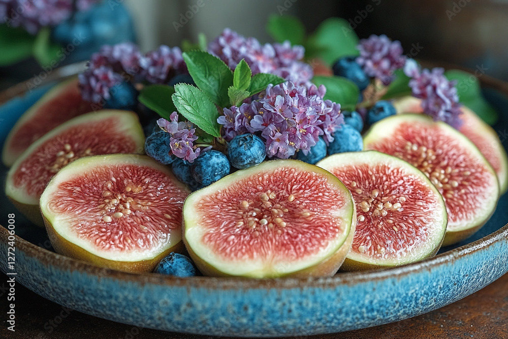 Intricate Figs, Blueberries and Lilac Blossoms on an Azure Ceramic Plate Intricate Figs, Blueberries and Lilac Blossoms on an Azure Ceramic Plate