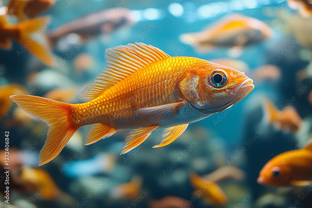 Golden Glimmer, A serene exploration of a goldfish in its aquatic world Golden Glimmer, A serene exploration of a goldfish in its aquatic world