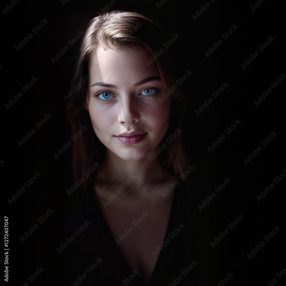 Fototapeta premium A woman with striking blue eyes is illuminated by soft lighting against a dark background. Her serene expression and subtle play of shadows emphasize her features.