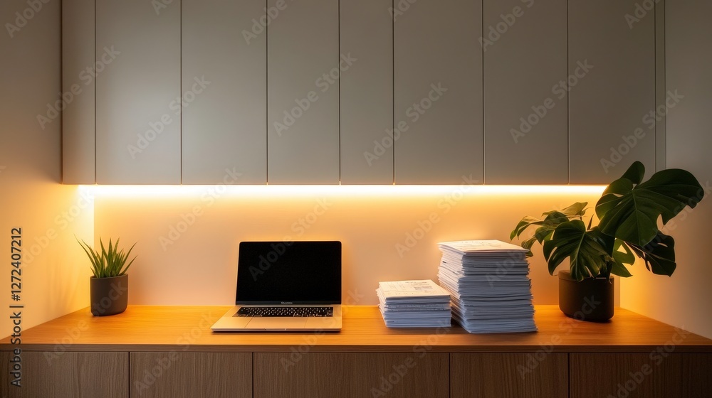 Fototapeta premium Home office setup with laptop, papers, and plants under warm lighting, cozy working space