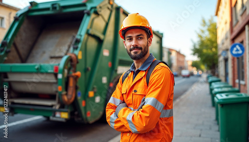 A smiling sanitation worker in an orange uniform and hard hat stands confidently with his arms crossed, beside a garbage truck and green bins on a city street.
