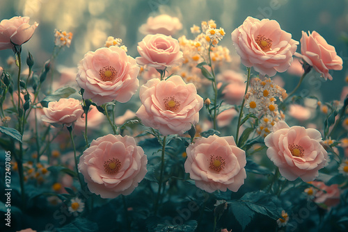 Serene Blush Blooms, A Captivating Display of Pink Roses and Daisies