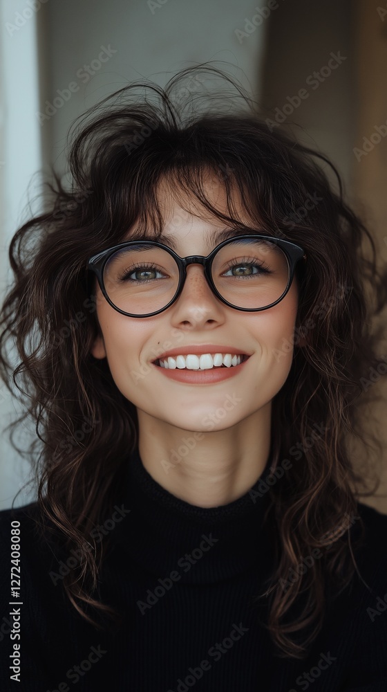 Obraz premium Smiling beautiful young curly brunette with glasses