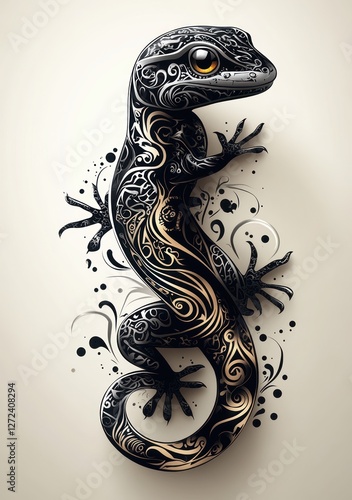 Gecko Tribal Silhouette Tattoo Design with Ornamental Patterns photo