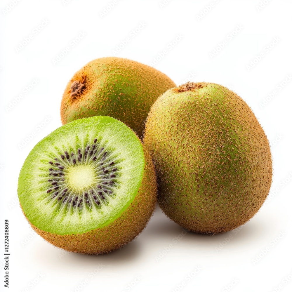 Kiwis cut open on plain background, showcasing the fruit for healthy eating, cooking Kiwis cut open on plain background, showcasing the fruit for healthy eating, cooking