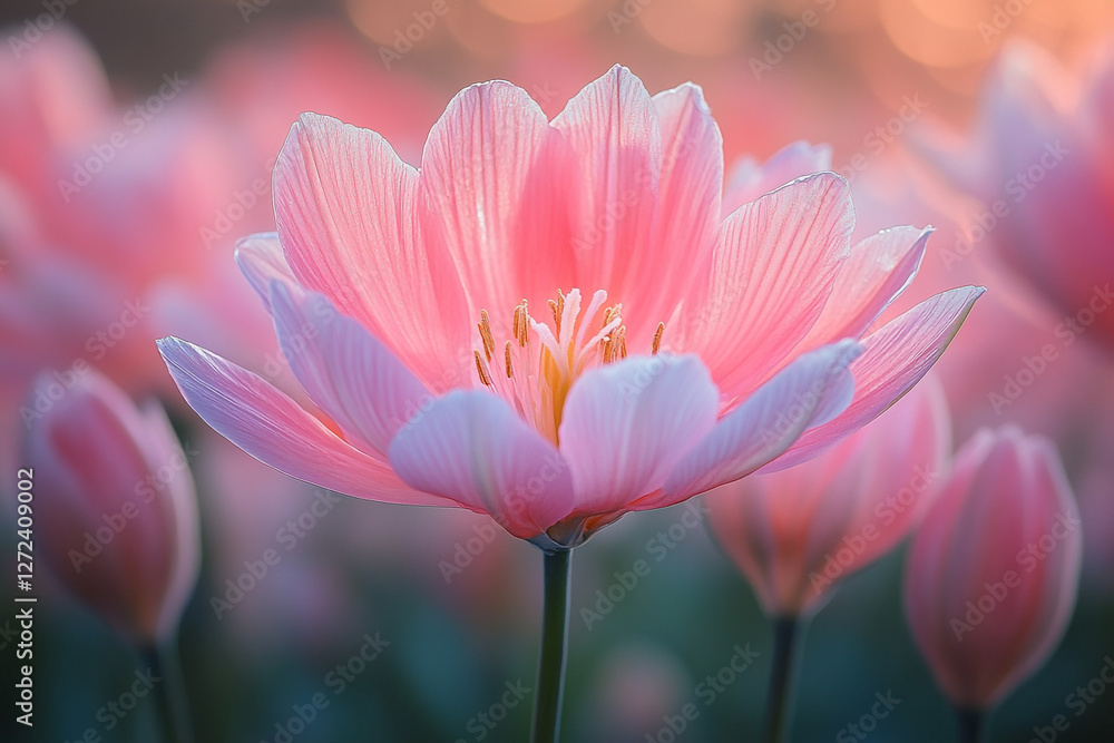 Translucent Petals, A Gentle Embrace of Light on Pink Tulips Field Translucent Petals, A Gentle Embrace of Light on Pink Tulips Field