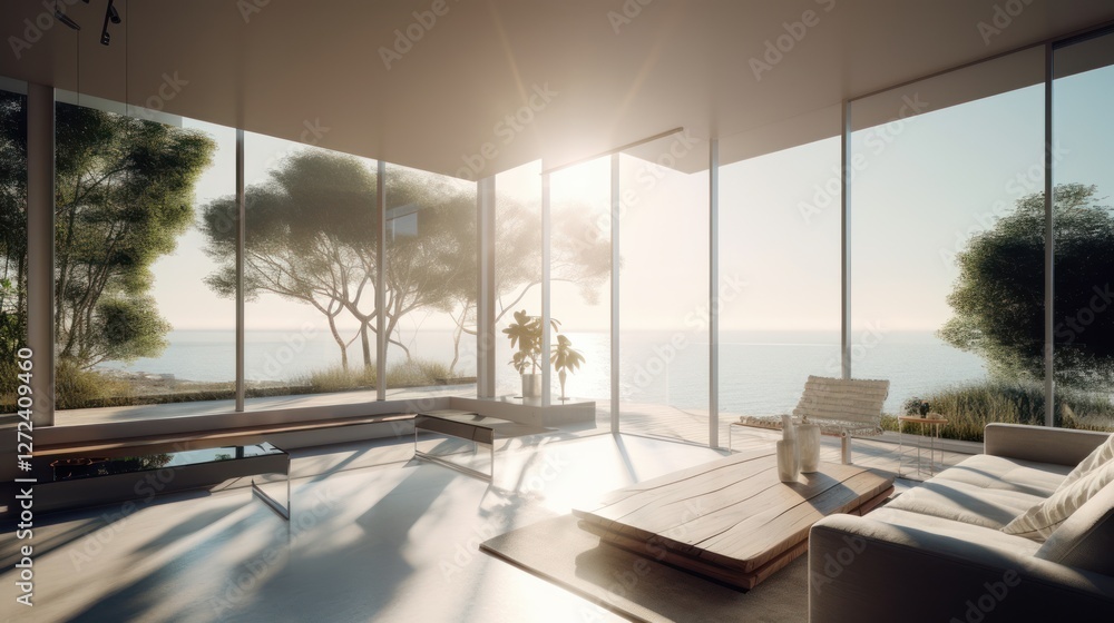 Fototapeta premium Modern Minimalist Beach Living Room with Ocean View and Natural Light