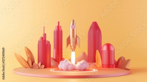 Launching rocket in city, taking off. Success and development concept for business or technology