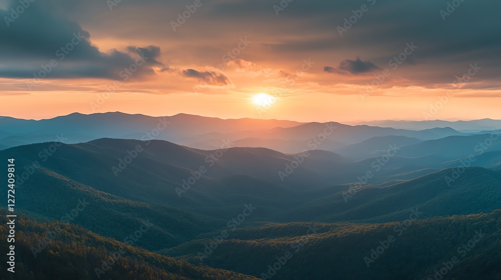Fototapeta premium Breathtaking Sunset Over Mountain Range Showcases Vibrant Colors and Serene Landscape