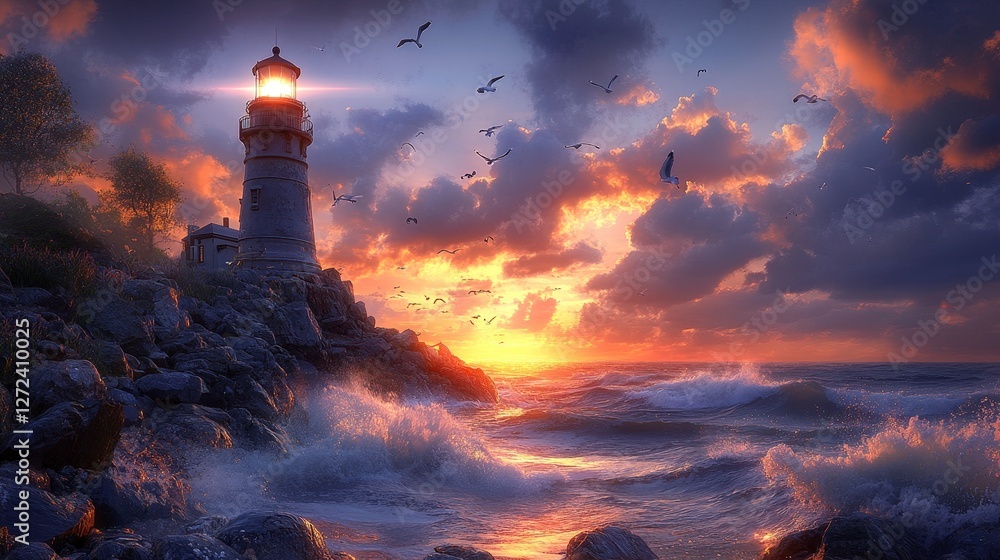 Lighthouse on cliff illuminated by sunset, waves crashing; for coastal scenery, travel brochure Lighthouse on cliff illuminated by sunset, waves crashing; for coastal scenery, travel brochure