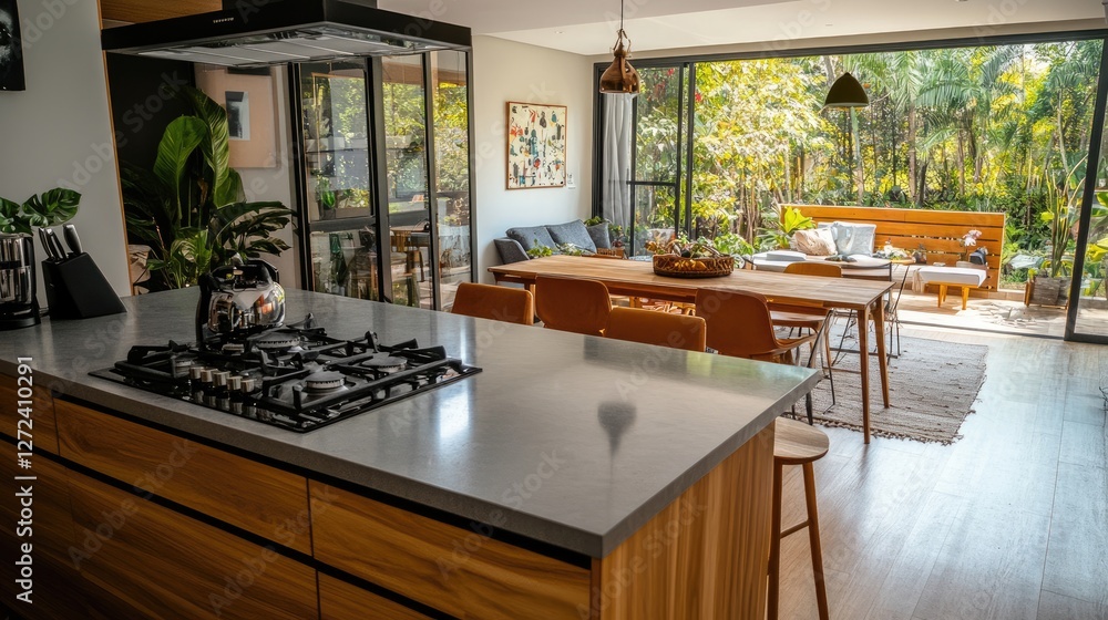 A modern open kitchen with an island stove placed in an auspicious direction