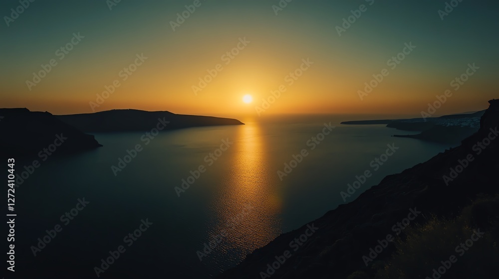 Beautiful Sunset Over the Caldera of Santorini, Showcasing Vibrant Colors and Tranquil Waters Beautiful Sunset Over the Caldera of Santorini, Showcasing Vibrant Colors and Tranquil Waters