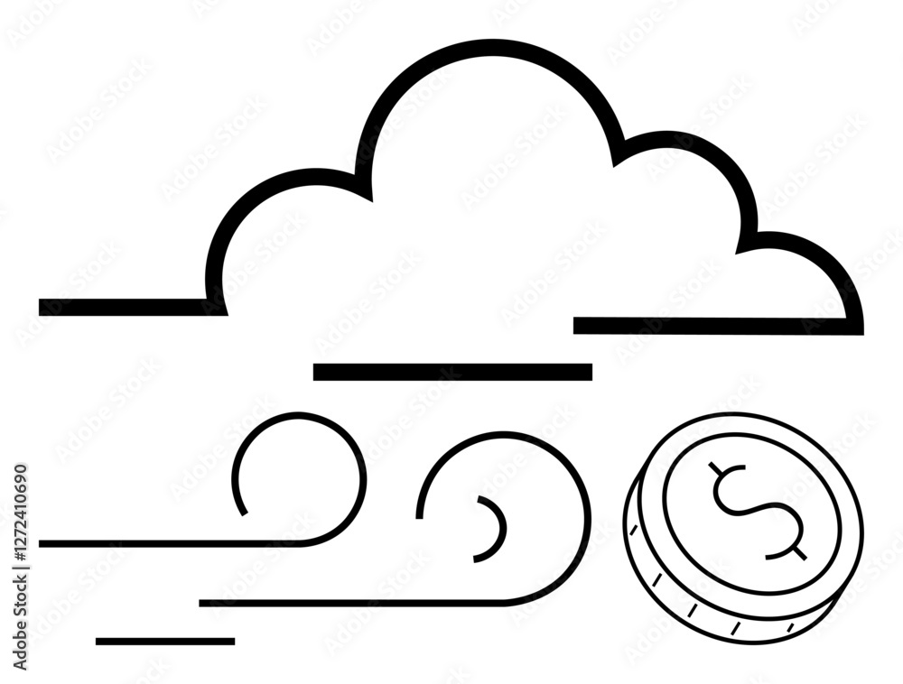 Cloud shape above a wind swirl and coin with dollar sign depicts financial trends, internet services, and technological advancement. Ideal for business, finance, technology, weather, investment Cloud shape above a wind swirl and coin with dollar sign depicts financial trends, internet services, and technological advancement. Ideal for business, finance, technology, weather, investment