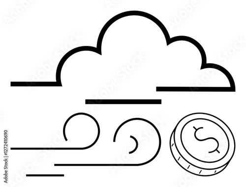 Cloud shape above a wind swirl and coin with dollar sign depicts financial trends, internet services, and technological advancement. Ideal for business, finance, technology, weather, investment