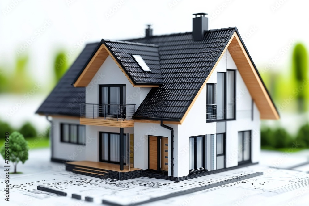 Detailed architectural model showcases a modern two story residence with a dark roof and white exterior Detailed architectural model showcases a modern two story residence with a dark roof and white exterior