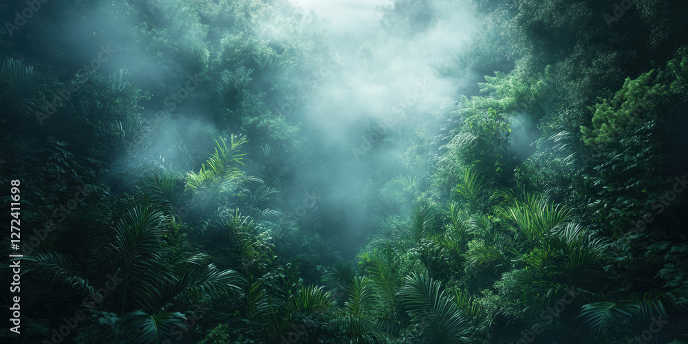 Obraz premium Exploring lush jungle mysteries tropical rainforest nature photography foggy atmosphere aerial view serenity and wilderness