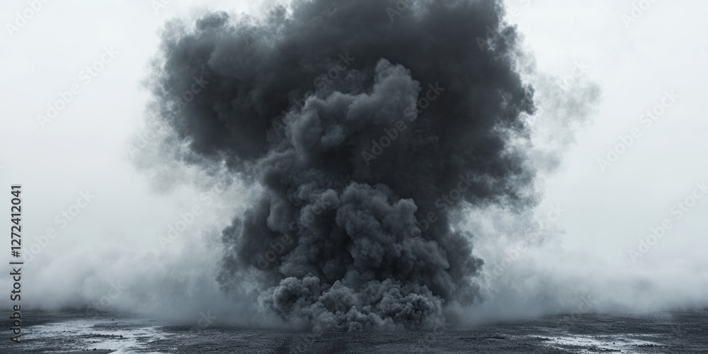 Obraz premium Explosive eruption unleashes dark smoke over coastal area dramatic environmental scene aerial view with ominous atmosphere