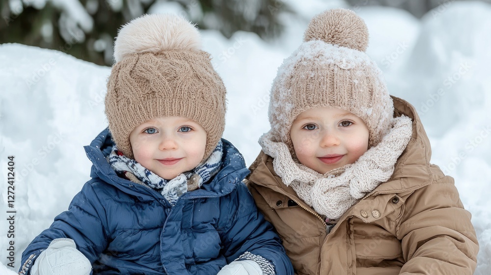 Twin toddlers in winter hats sitting in snow. Possible use stock photo Twin toddlers in winter hats sitting in snow. Possible use stock photo